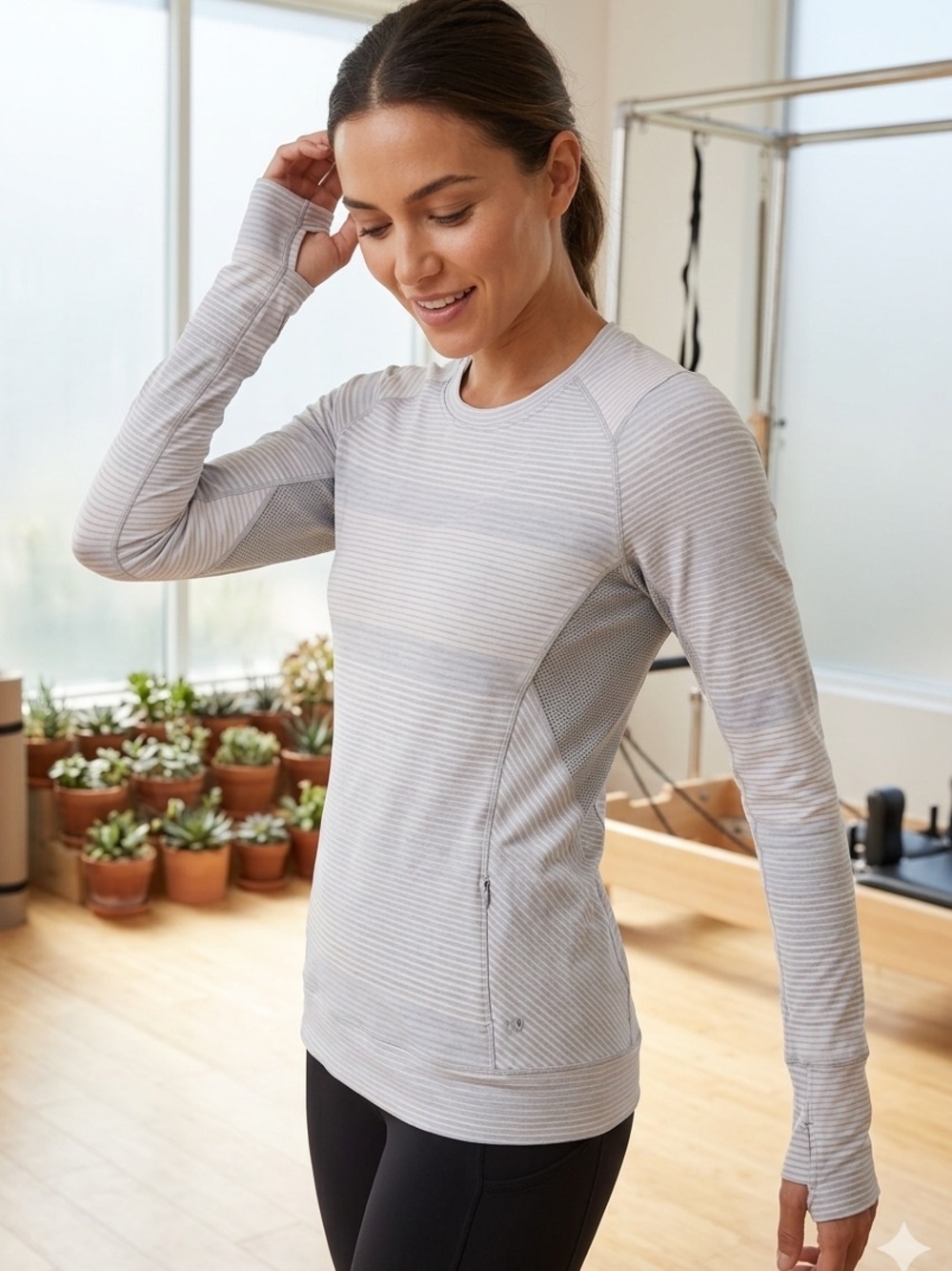 Lululemon Rest Less Pullover Striped Knit Long Sleeve Gray White Size 12